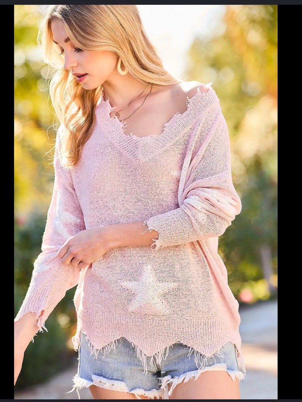Main Strip Pink Distressed Off-Shoulder Star Knit Sweater